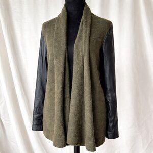 Danier Leather Sleeve Wool Blend Waterfall Cardigan Jacket Olive Green L